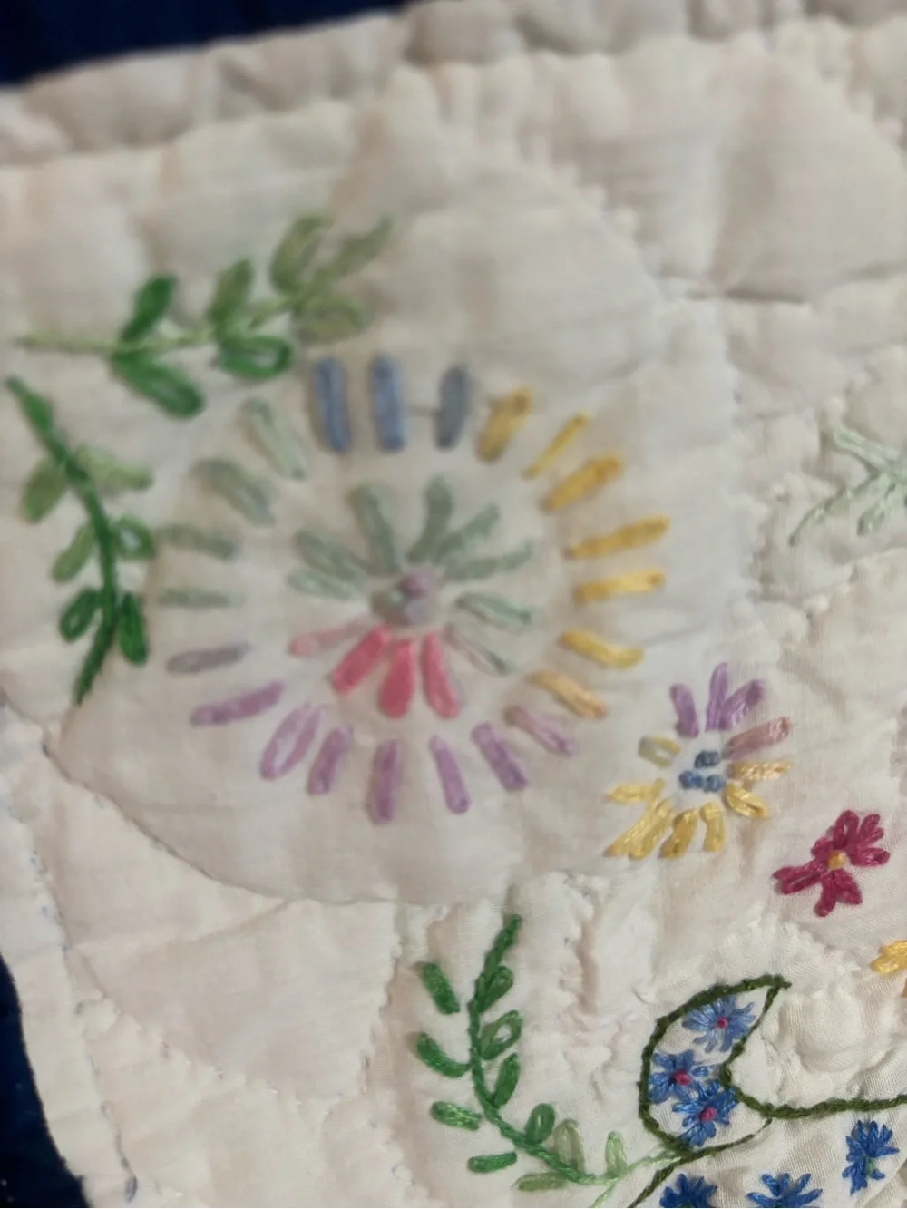 Handcrafted Floral Embroidered Quilt - Navy and White